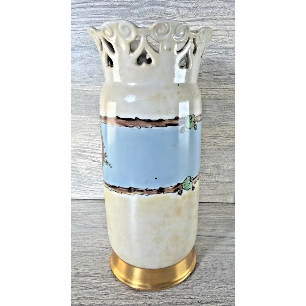 Antique 20'S Schonwald Vase PSAA Porcelain Arzberg Bavaria Blue Bird Pierced Rim